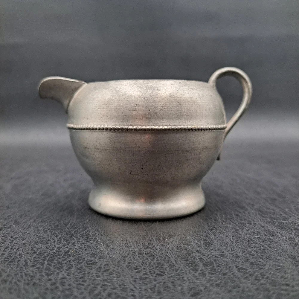 Vintage Genuine Pewter Creamer Pitcher Small Beaded Trim Silver Gray Matt Finish